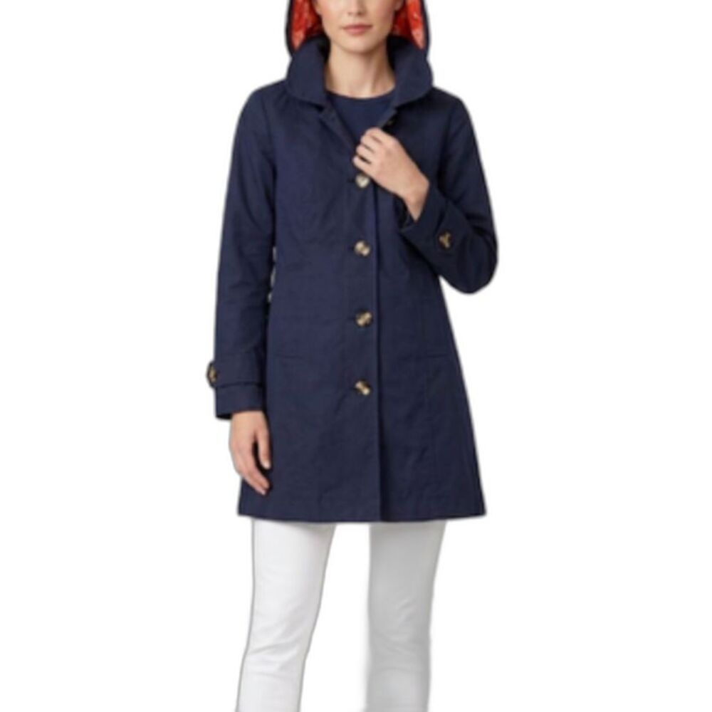 Hatley Women's Navy Cotton Orange Paisley Lining Hooded Rain Trench Coat Size 4